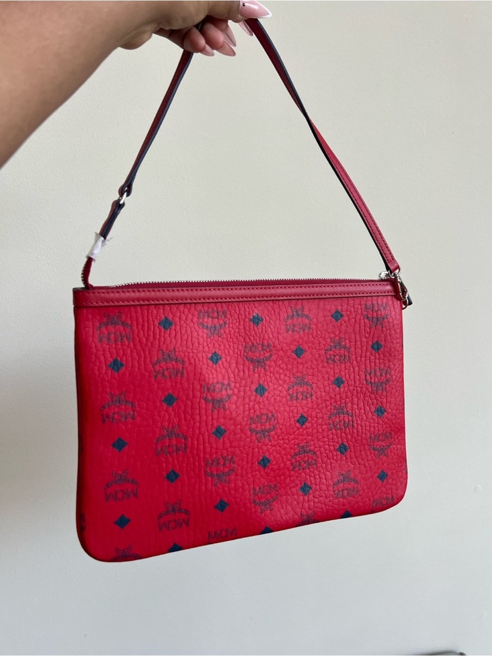 MCM Red Logo Print Leather Wristlet with Navy Accents - Picture 2 of 7